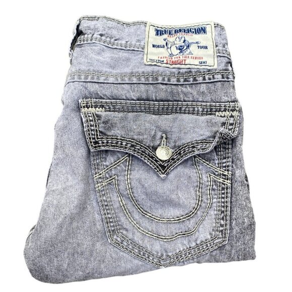 True Religion Jeans Size 34 STRAIGHT MEGA T Gray Stitch - Picture 1 of 7